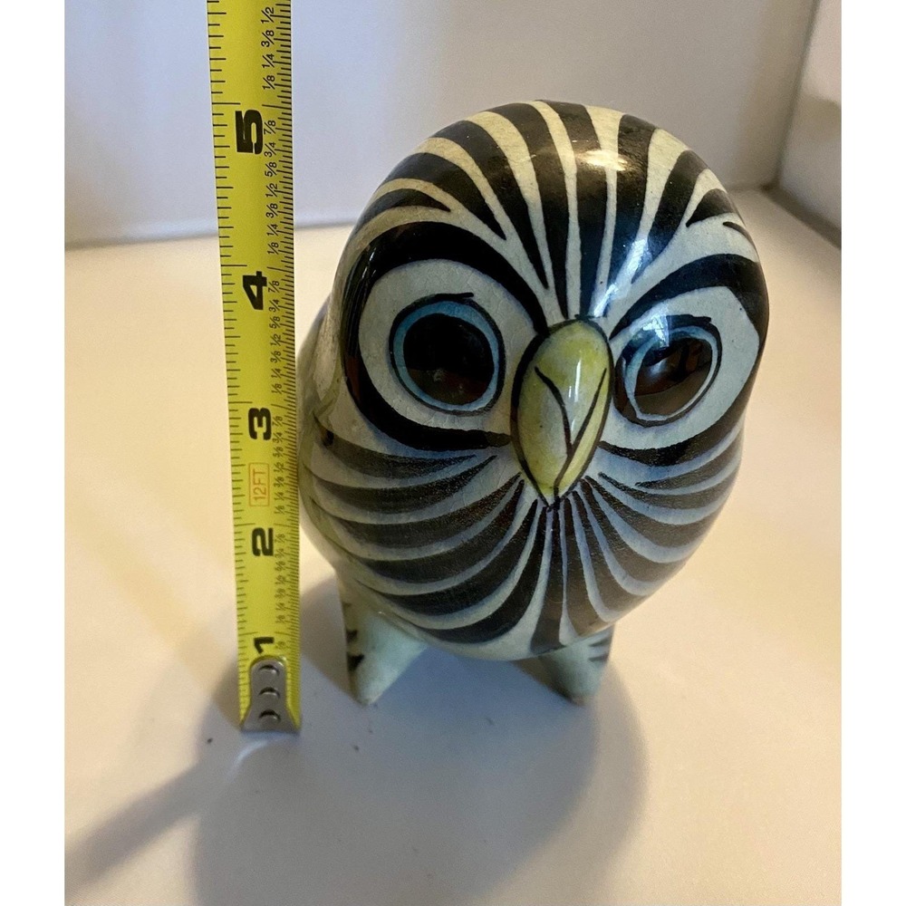 Tonala Owl Figure Mexican Folk Art Pottery Hand Painted Signed 5" - Picture 2 of 9
